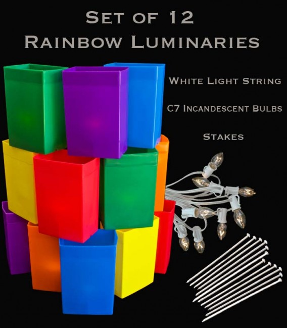 Set of 12 Rainbow Luminaries, White Light String and Bulbs, Stakes
