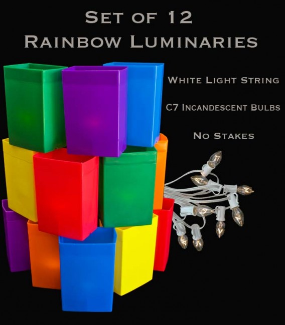 Set of 12 Rainbow Luminaries, White Light String and Bulbs, No Stakes
