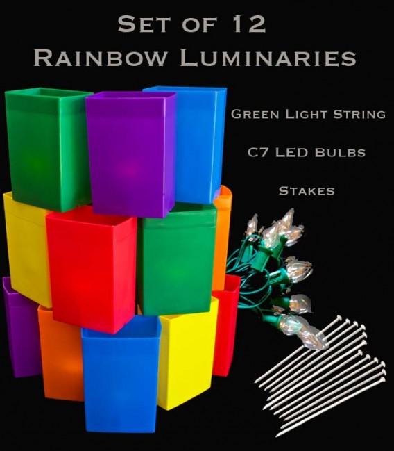 Set of 12 Rainbow Luminaries, Green Light String and LED Bulbs, Stakes