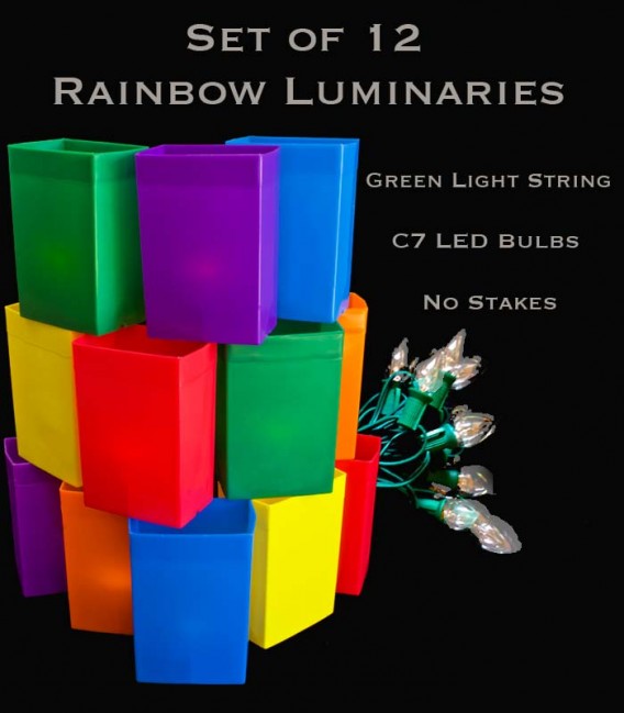 Set of 12 Rainbow Luminaries, Green Light String and LED Bulbs, No Stakes