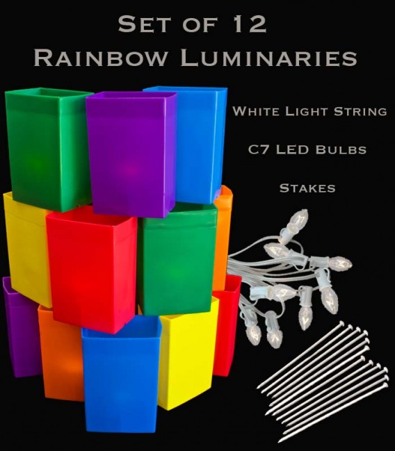 Set of 12 Rainbow Luminaries, White Light String and LED Bulbs, Stakes