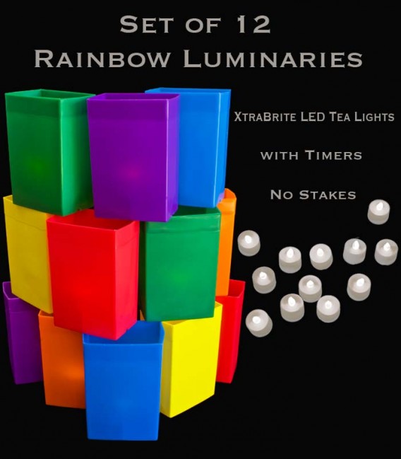 Set of 12 Rainbow Luminaries, XtraBrite LED Tea Lights with Timers, No Stakes