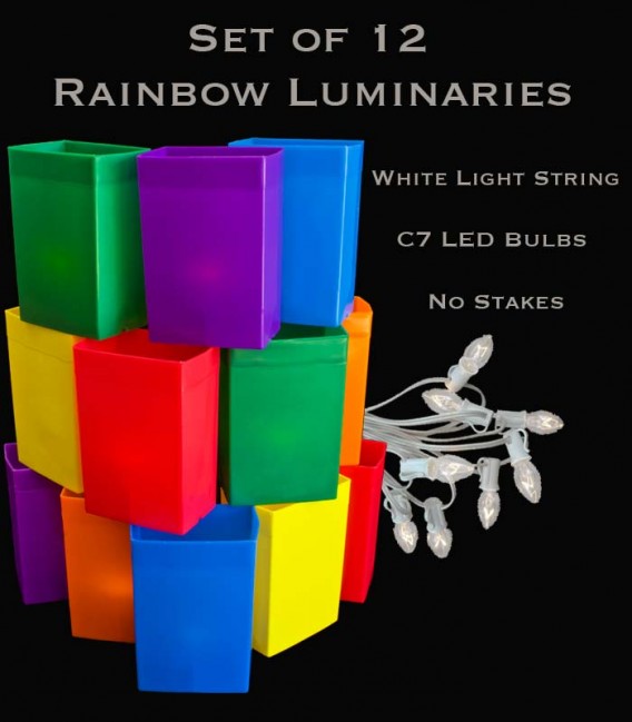 Set of 12 Rainbow Luminaries, White Light String and LED Bulbs, No Stakes