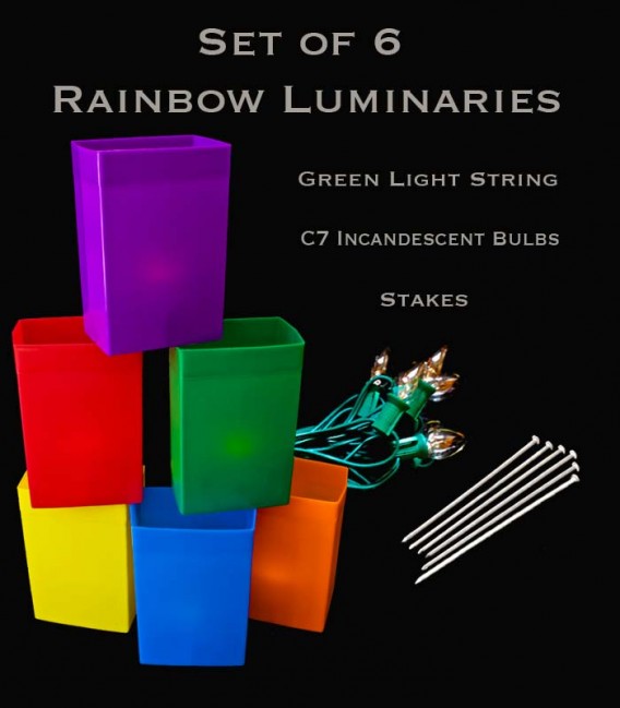 Set of 6 Rainbow Luminaries, Green Light String and Bulbs, Stakes