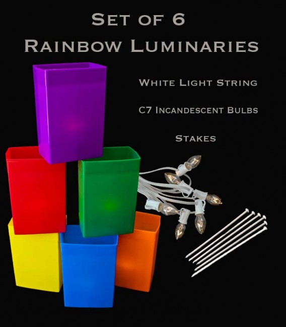 Set of 6 Rainbow Luminaries, White Light String and Bulbs, Stakes