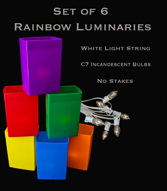 Set of 6 Rainbow Luminaries, White Light String and Bulbs, No Stakes