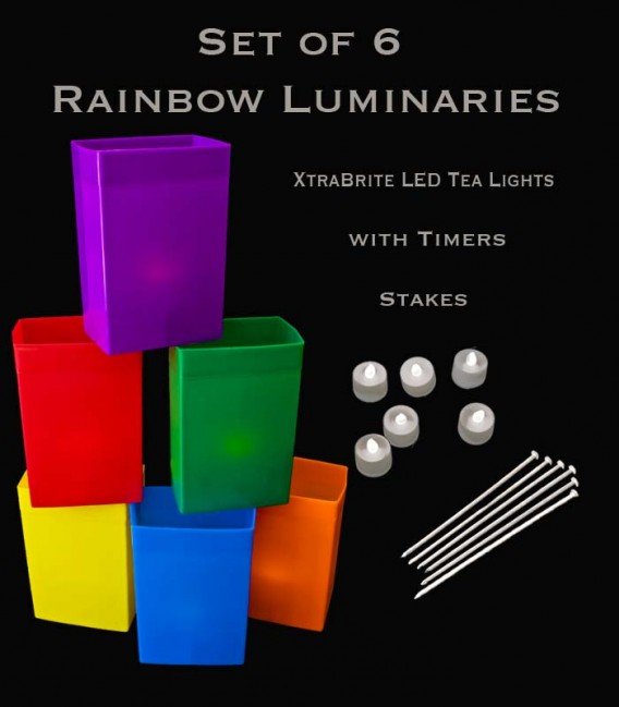 Set of 6 Rainbow Luminaries, XtraBrite LED Tea Lights with Timers, Stakes