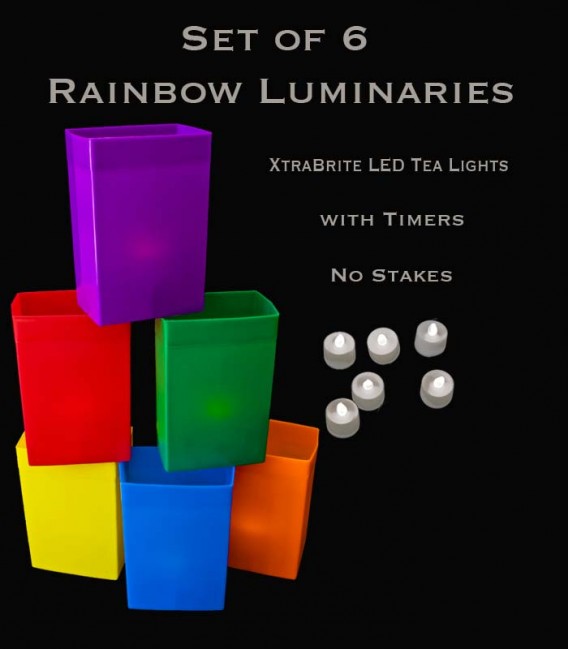 Set of 6 Rainbow Luminaries, XtraBrite LED Tea Lights with Timers, No Stakes
