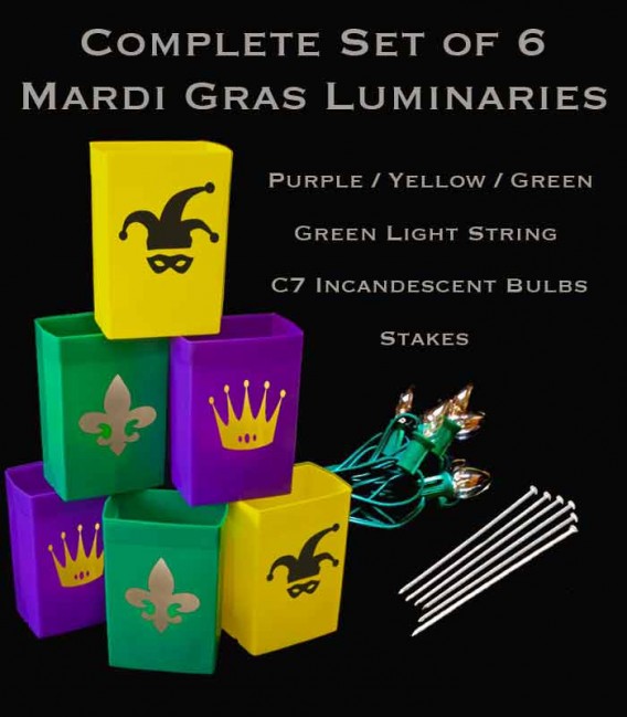 Complete Mardi Gras Set of 6, Green Light String with Incandescent Bulbs, Stakes
