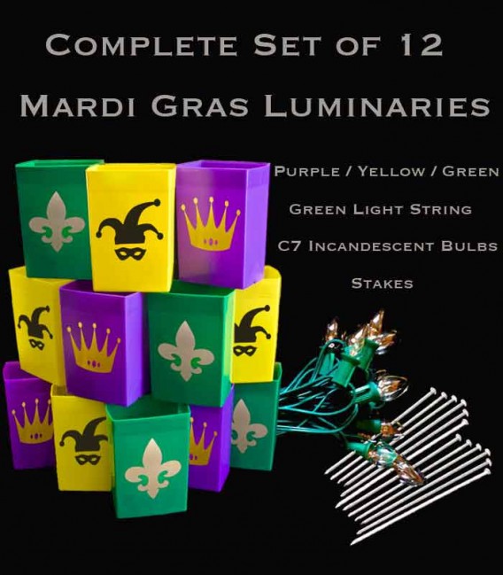 Complete Mardi Gras Set of 12, Green Light String with Incandescent Bulbs, Stakes