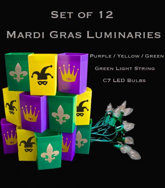 Complete Mardi Gras Set of 12, Green Light String with LED Bulbs, No Stakes