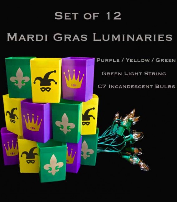 Complete Mardi Gras Set of 12, Green Light String with Incandescent Bulbs, No Stakes