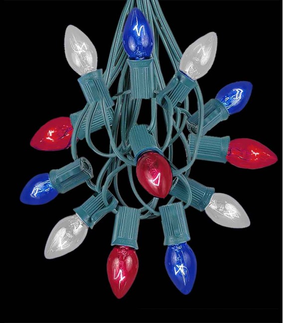 12 Socket Green Electric Light String, Patriotic Bulbs