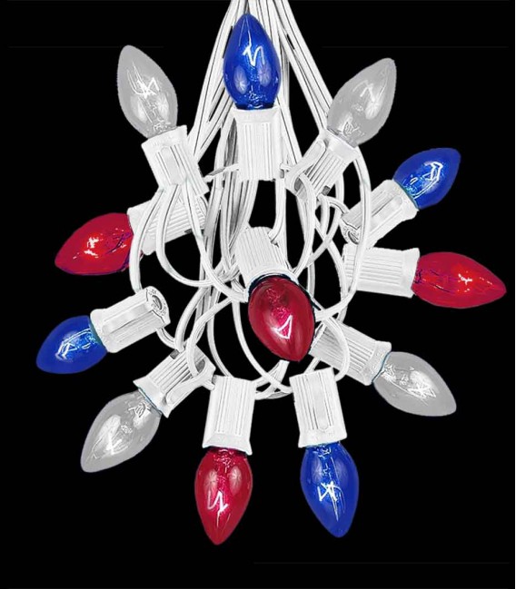12 Socket White Electric Light String, Patriotic Bulbs