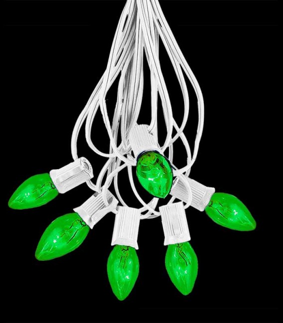 6 Socket White Electric Light String, Green Bulbs