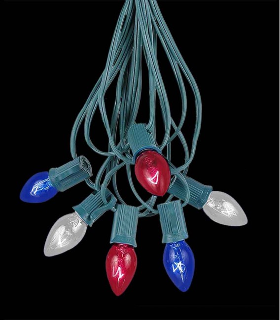 6 Socket Green Electric Light Strings, Patriotic Bulbs