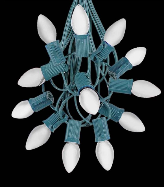 12 Socket Green Electric Light Strings, WHITE LED Bulbs
