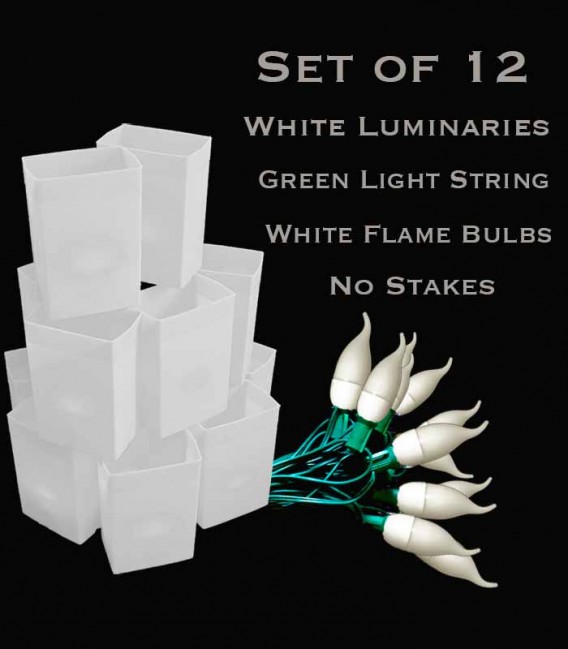 Set of 12 White Luminaries, Green Light String with White Flame Bulbs, No Stakes