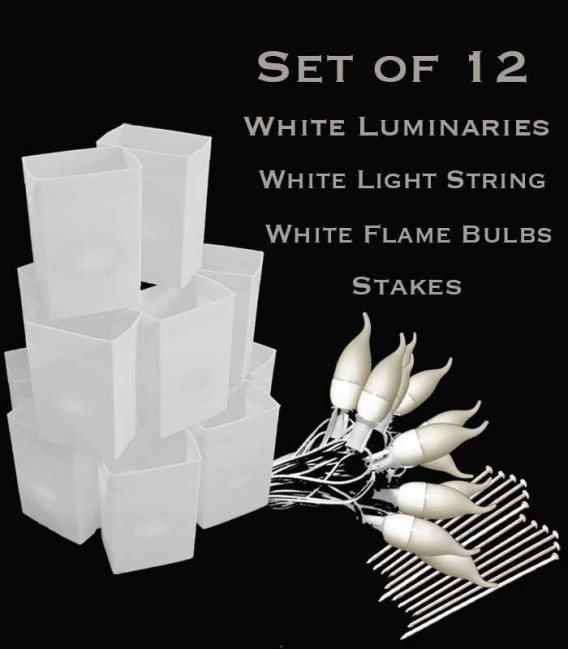 Set of 12 White Luminaries, White Light String with White Flame Bulbs, Stakes