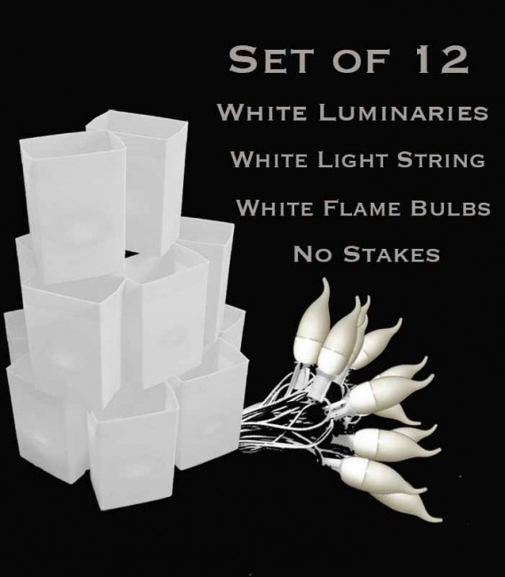 Set of 12 White Luminaries, White Light String with White Flame Bulbs, No Stakes