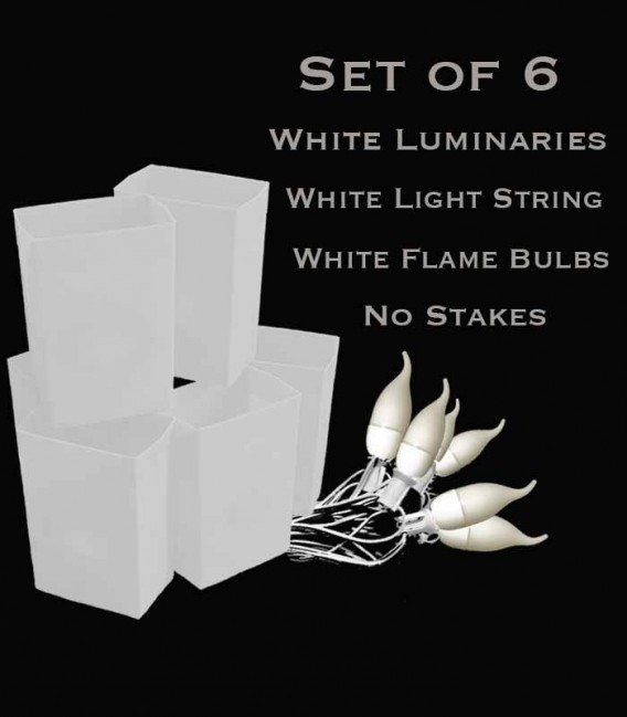 Set of 6 White Luminaries, white light string with flame bulbs, no stakes