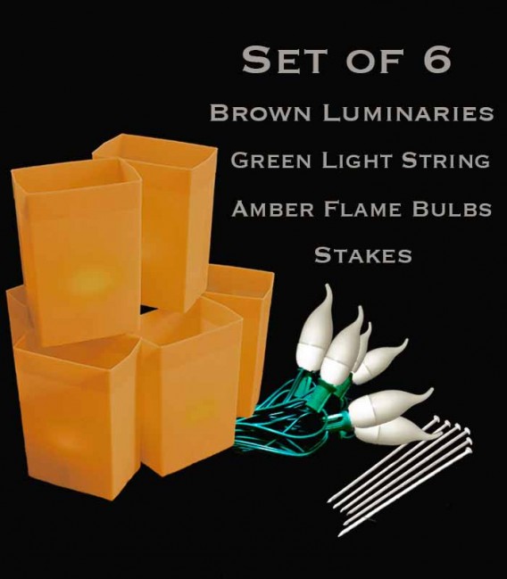 Set of 6 Brown Luminaries, green light string with flame bulbs, stakes