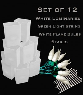 Set of 12 White FLAMING Luminaries, green light strings with flame bulbs, stakes