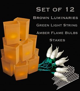 Set of 12 Brown FLAMING Luminaries, green light string with flame bulbs, stakes