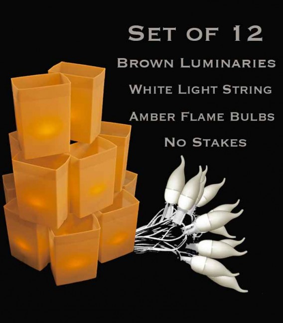 Set of 12 Brown FLAMING Luminaries, white light string with flame bulbs, no stakes