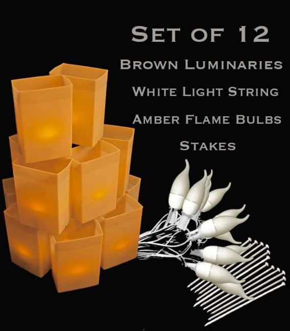 Set of 12 Brown FLAMING Luminaries, white light string with flame bulbs, stakes