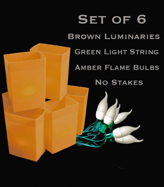 Set of 6 Brown FLAMING Luminaries, green light string with flame bulbs, no stakes