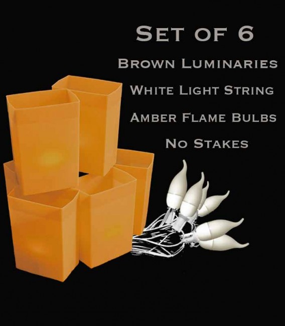 Set of 6 Brown FLAMING Luminaries, white light string with flame bulbs, no stakes