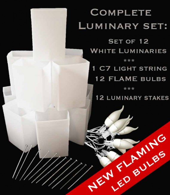Set of 12 White Luminaries, White Light String, White FLAME LED Bulbs & Stakes