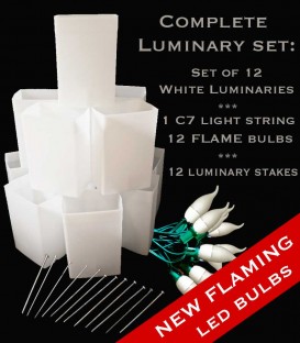 Set of 12 White Luminaries, Green Light String, White FLAME LED Bulbs & Stakes