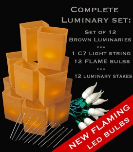 Set of 12 Brown Luminaries, Green Light String, Amber FLAME LED Bulbs & Stakes