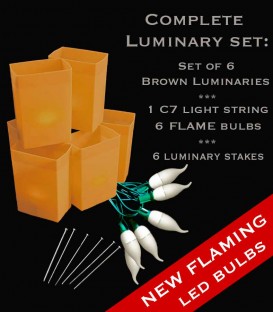 Set of 6 Brown Luminaries, Green Light String, Amber FLAME LED Bulbs & Stakes
