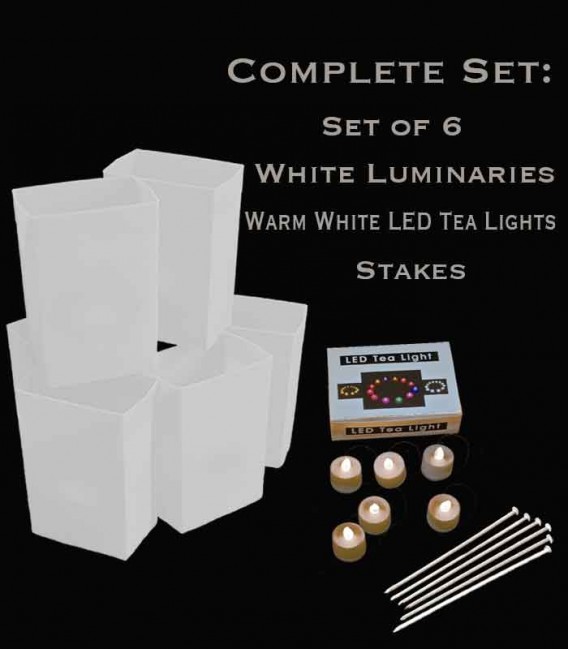 Crossgates Dover:  6 White Luminary Kit, with Warm White LED Tea Lights, and Stakes
