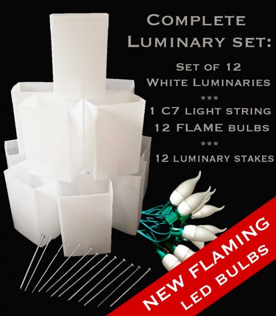 Crossgates Dover:  12 White Luminary Kit, with Green Light String, White FLAME Bulbs, and Stakes