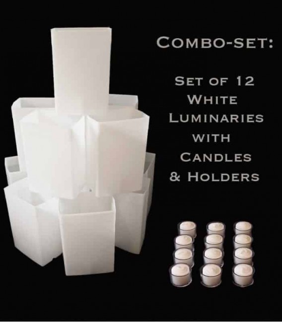Combo Set: 12 Wedding Luminarias with Candles & Candle Holders