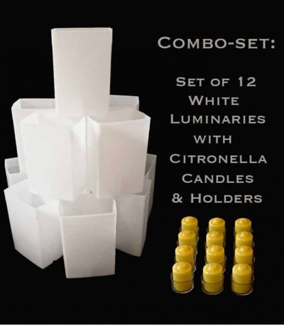 Combo Set: 12 Wedding Luminarias with Citronella Candles & Candle Holders