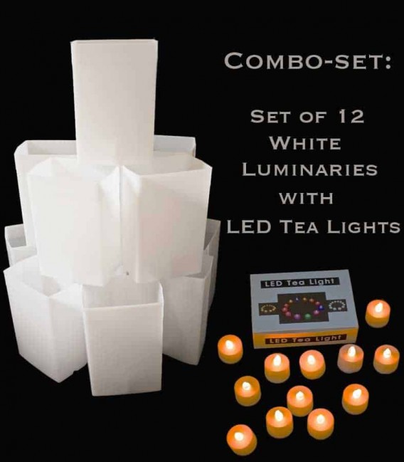 Combo Set: 12 White Luminaries with 12 LED Tealights