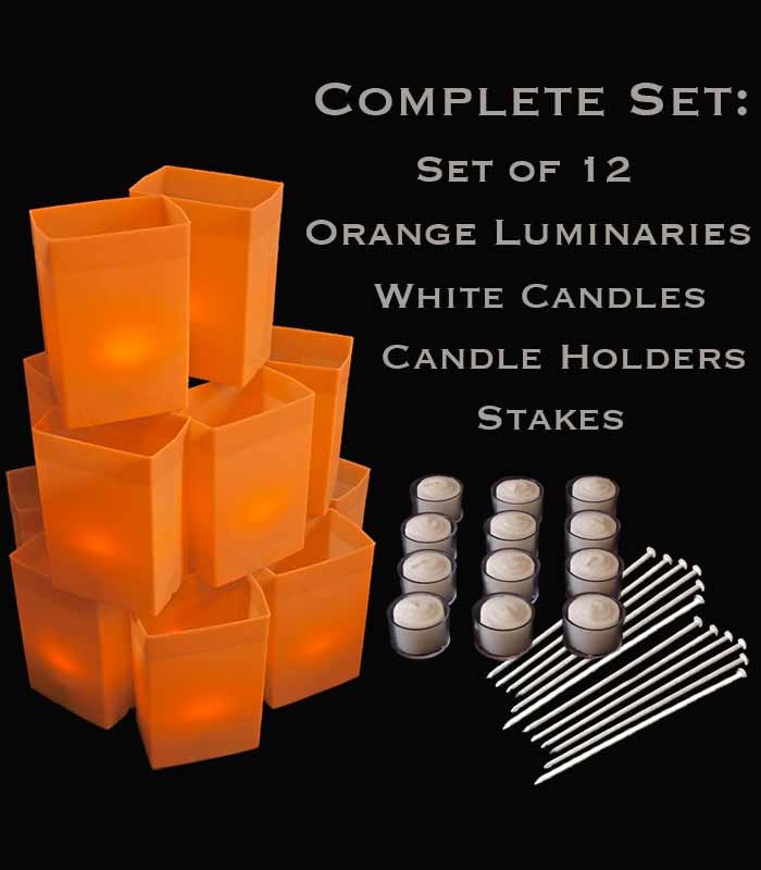 Set of 12 Orange Luminaries, White Candles, Stakes