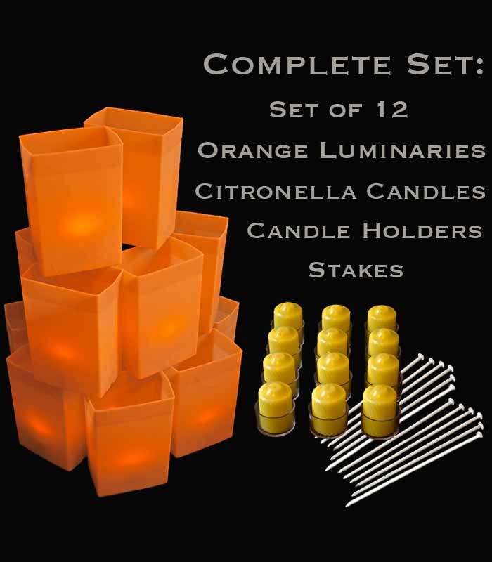 Set of 12 Orange Luminaries, Citronella Candles, Stakes