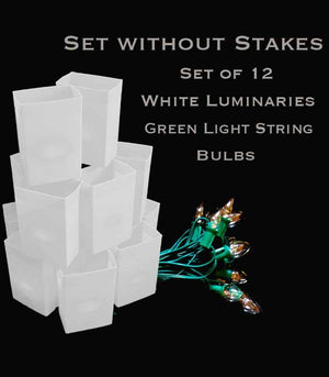 Set of 12 White Luminaries, Green Light String with Bulbs, NO Stakes