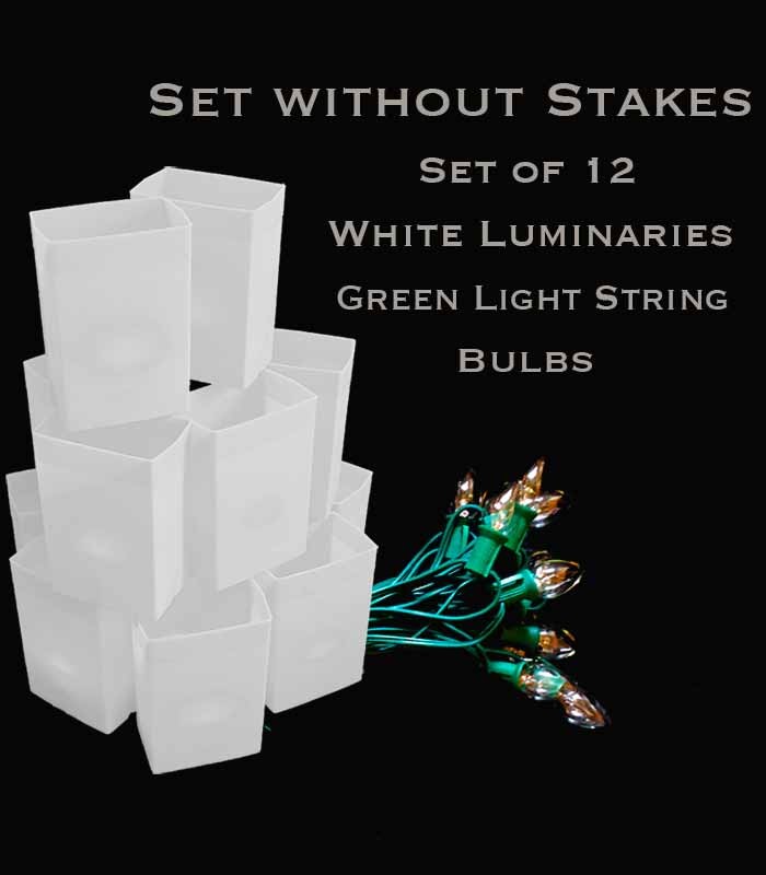 Set of 12 White Luminaries, Green Light String with Bulbs, NO Stakes