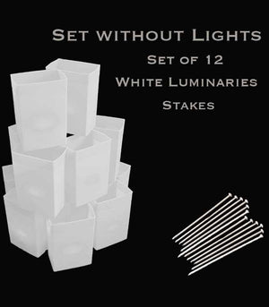 Set of 12 White Luminaries, No Light Source, Stakes