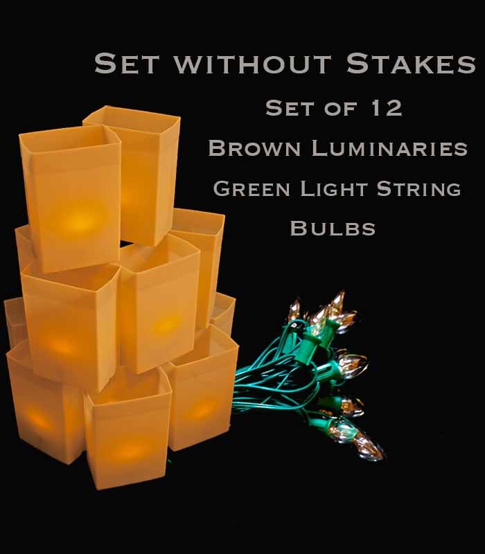 Set of 12 Brown Luminaries, Green Light String with Bulbs, No Stakes