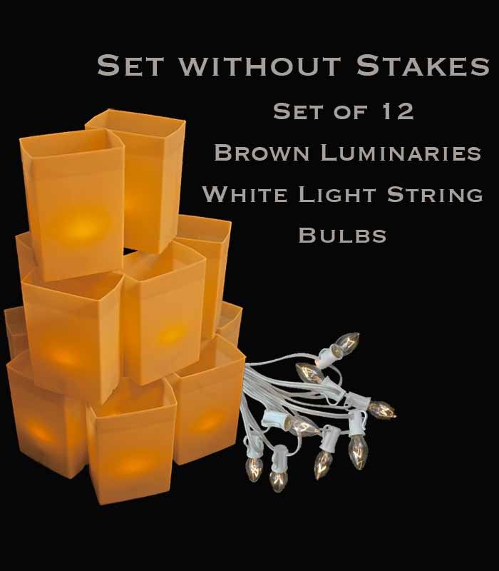 Set of 12 Brown Luminaries, White Light String with Bulbs, No Stakes