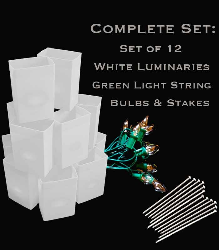 Set of 12 White Luminaries, Green Light String, Bulbs & Stakes