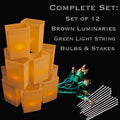 Set of 12 Brown Luminaries, Green String & Bulbs, Stakes